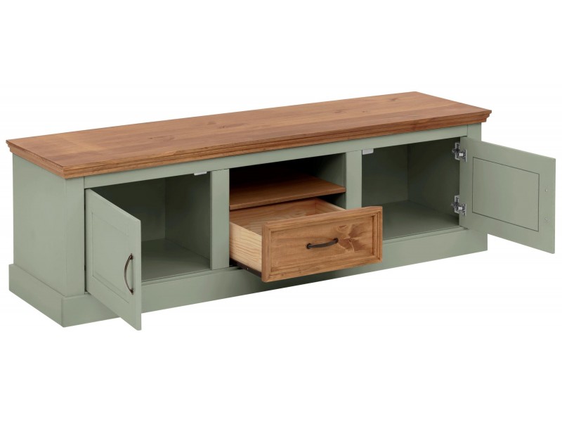 Rack com 1,60 metros com 1 gaveta 2 portas e nicho para sala de Tv na cor verde e cera / Coleção England